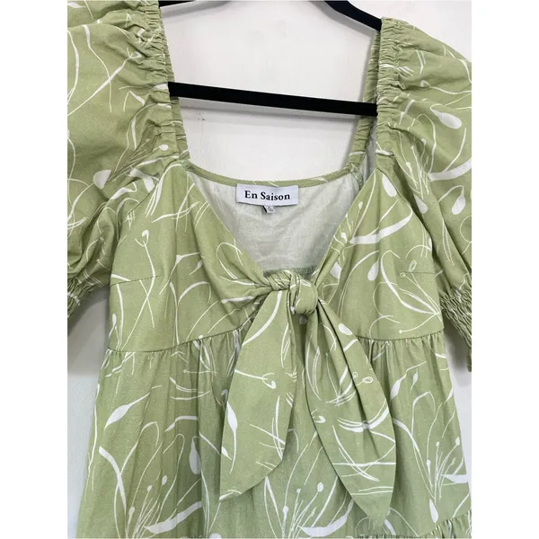 EN SAISON Idrissy Mini Dress Green Floral Puff Sleeve Bow Front Open Back Small - Image 4