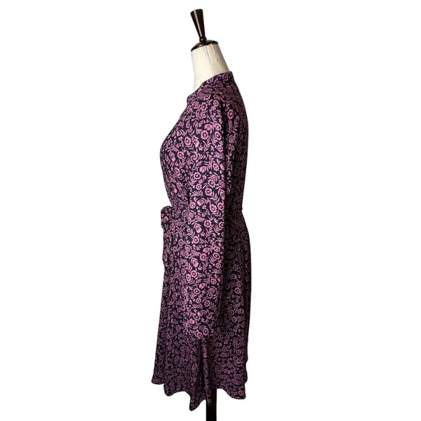 Nanette Lepore Floral Midi Dress Women 8 Navy Blue Pink Long‎ Sleeve Belted Boho - Image 6