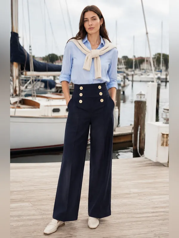 Ralph Lauren high waist Navy Sailor Pants Wide Leg Silk Cotton Blend Old Money 6 - Image 6