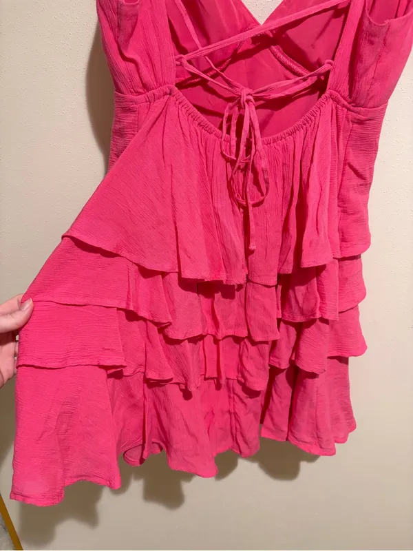 Hollister V-Neck Ruffle Tiered Mini Dress Lace Up Corset Back Hot Pink Medium - Image 8