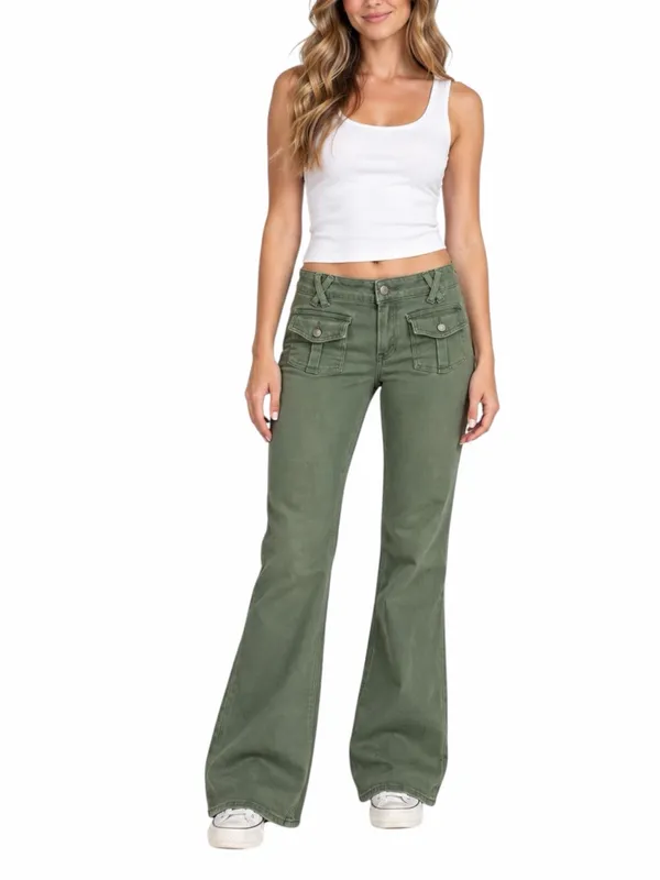 PacSun Cargo Flare Pants Jeans Women’s Size 28 Low Rise Stretch Olive Green Y2K - Image 9