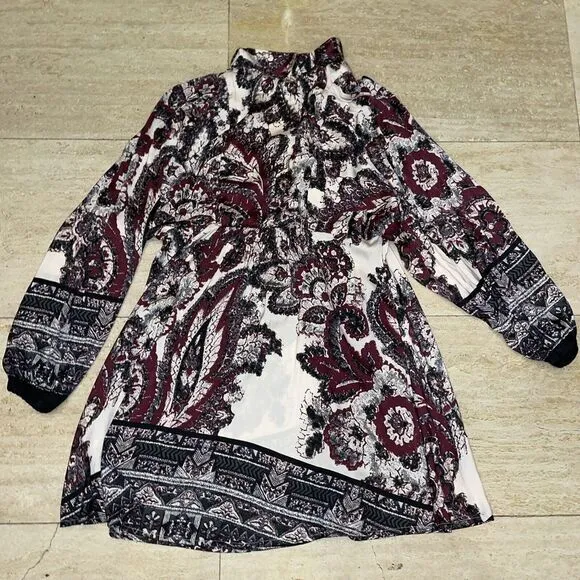 Free People Dress Womens XS Kimono Satin Babydoll Maroon Floral Boho Flowy‎ - Image 6