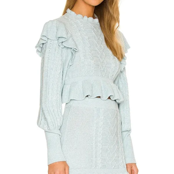 MAJORELLE Langley Cable Ruffle Sweater Small Blue Coquette Cottagecore Boho - Image 2