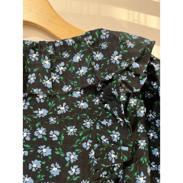 LOFT Black Blue Floral‎ Ruffle Tie Neck Blouse Romantic Cottagecore XS - Image 4