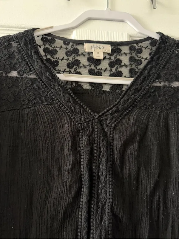 Style & Co Black Boho Gauze Blouse Lace Crochet Trim 3/4 Sleeve Medium - Image 3