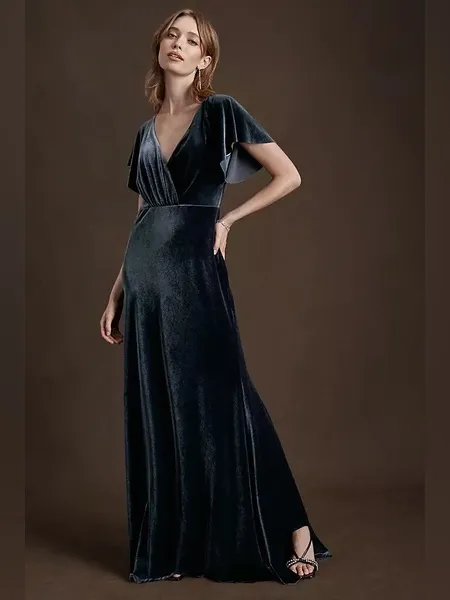BHLDN Anthropologie Jenny Yoo Ellis Flutter Sleeve Blue Velvet Maxi Gown Dress - Image 3
