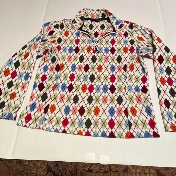 Lands' End Womens Multicolor Argyle Fleece‎ Quarter Zip Pullover Size Small - Image 2