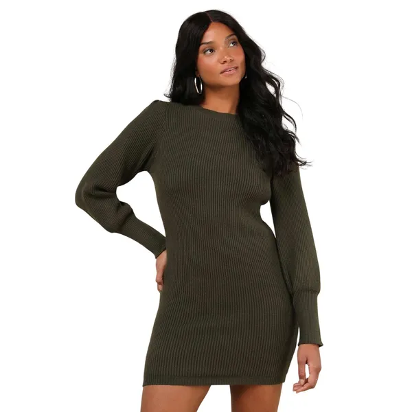 Lulus Loving You Fondly Olive Green Ribbed Knit Sweater Dress size M - Image 2