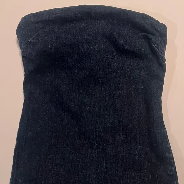 ZARA Dark Denim Strapless Raw Hem Back Slit Bodycon Tube Midi Dress‎ Size XS - Image 14