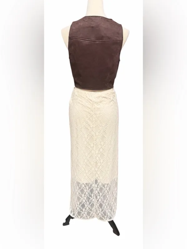 Sincerely ­ Jules Brown Faux Suede Vest & Lace Midi Skirt Set - Boho Chic Outfit - Image 3