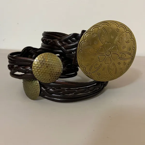 Braided Brass Medallion Belt XL Brown Boho Western Festival Faux Leather VTG - Image 2