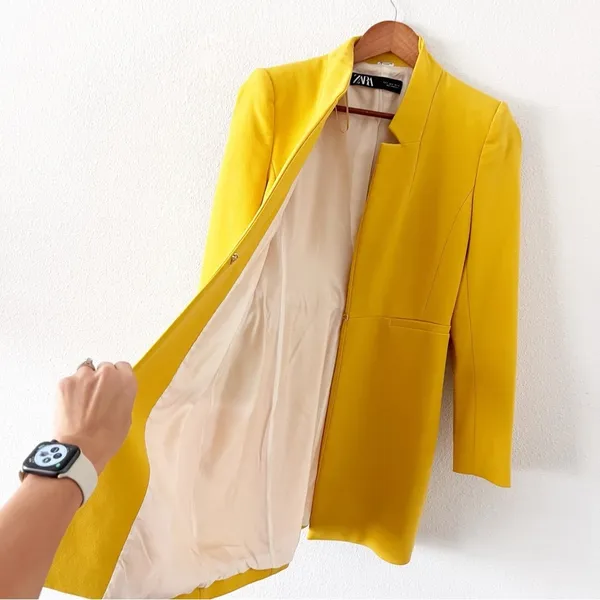 Zara Yellow Mustard Gold Inverted Lapel Minimalist Chic Longline Blazer Coat - Image 5