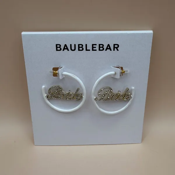 BaubleBar Bride White Enamel Pavé Crystal Script Hoop Earrings Wedding Jewelry‎ - Image 3