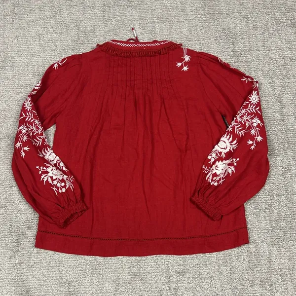 Sundance Blouse Womens XS Linen Embroidered Peasant Boho Top Red Oversized - Image 8