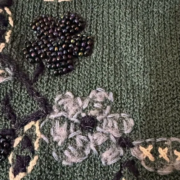 Vintage Beaded Floral Knit Sweater Green Embroidered‎ Pullover small - Image 11