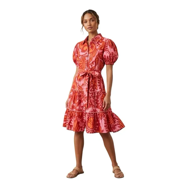 Kings Road Belted Tiered‎ Mini Dress Block Print Pink Red Size Small Shirtdress - Image 12