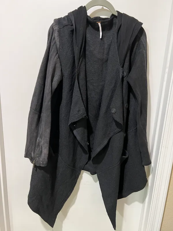 Free People Wool Blend Hood Asymetric Black Jacket Sz L - Image 2