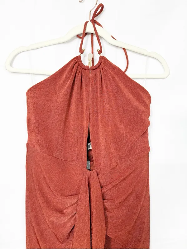 Oh Polly Margot Hardware Detail Cut-Out Halterneck Maxi Dress Auburn Brown - Image 5