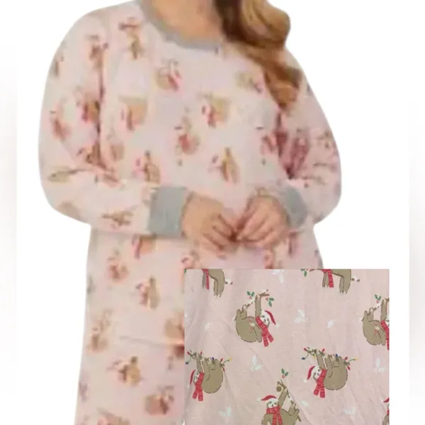 Cuddl Duds Pink Soft Long Sleeve Top with Christmas Holiday Sloth Print - Image 3