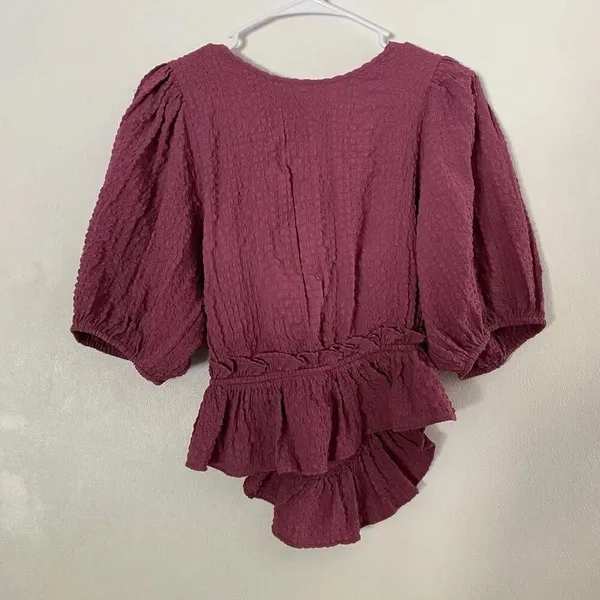 Free People Purple Textured Wrap Peplum Top L Puff Sleeve Boho Tie Front - Image 3