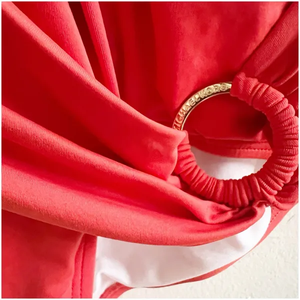 Michael Kors One Peice Faux Wrap Swimsuit Gold Tone Ring Accent Size 10 Orange - Image 11