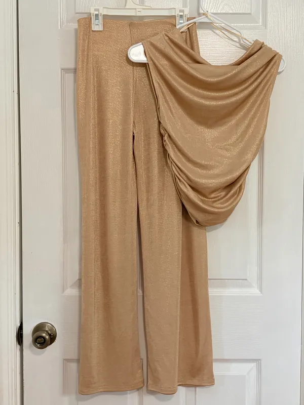 ZARA Gold Metallic Shimmer Draped Top Wide Leg Pants Set Party NYE Glam Holiday M - Image 3