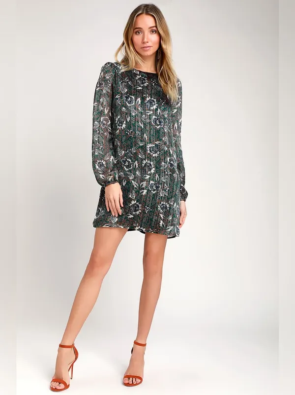 Lulus Ashford Forest Green Floral‎ Shift Dress medium - Image 7