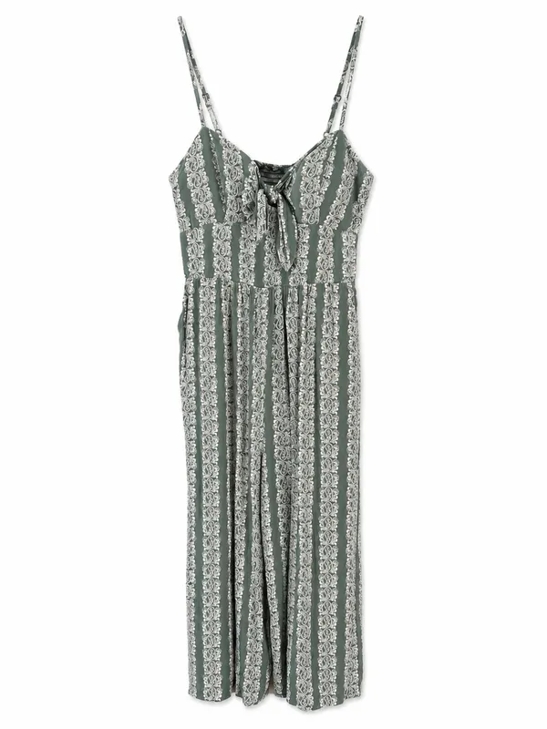 Su Wish Green Paisley Jumpsuit Womens XL Boho Wide Leg Tie Front - Image 2