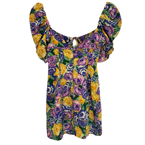 Zara Floral Puff Sleeve Mini Dress Purple Yellow Rose Print Sweetheart Neck XS - Image 4
