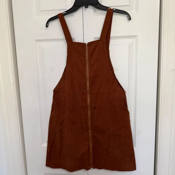 Romwe Rust Brown Corduroy Front Zip-Up Mini Overall Dress - Image 3