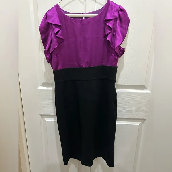 Eliza J New York Purple 100% Silk and Black Midi Dress Size 12 - Image 6