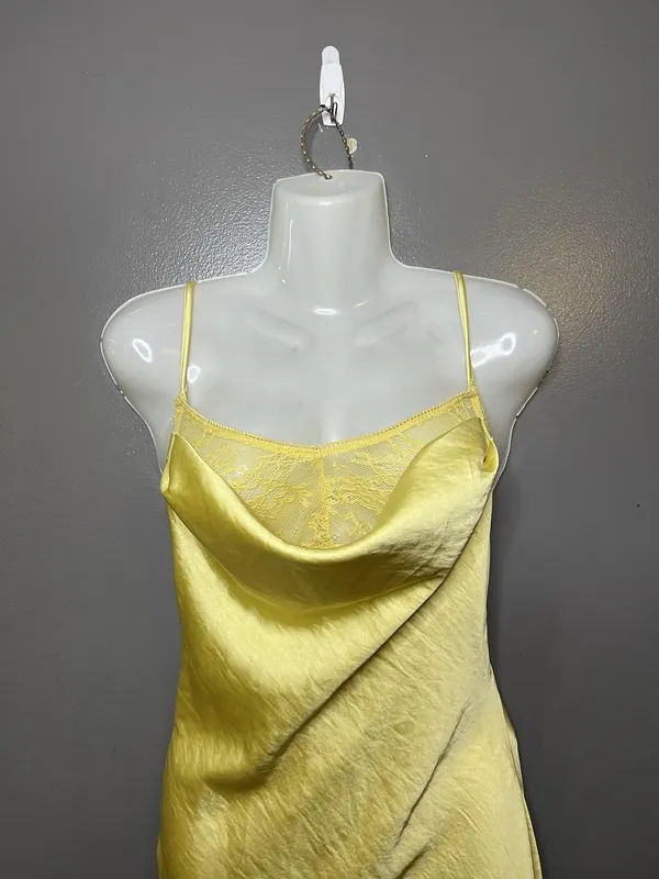 Cider Dress Womens Medium Yellow Satin Lace Cowl Neck Backless Slip Maxi - Image 3