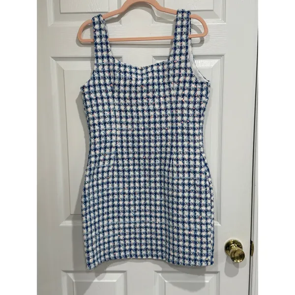 Tweed Sequined Mini Dress Blue White Check Womens L‎ - Image 5