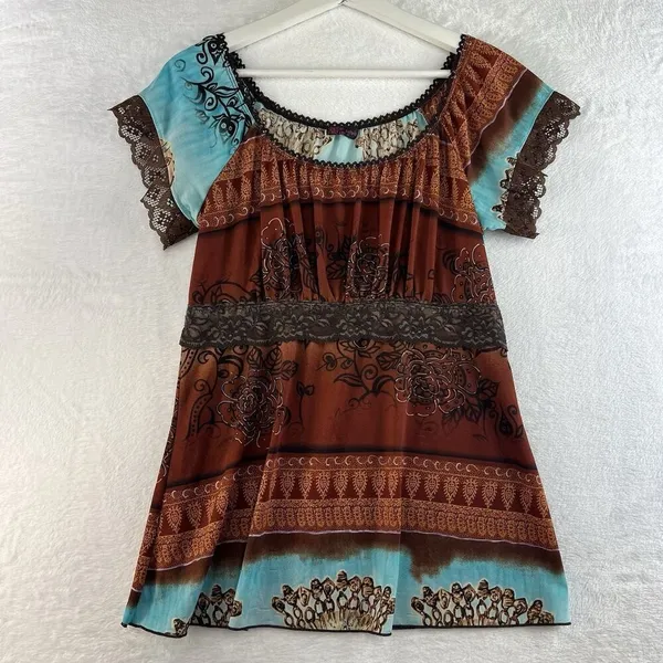 Vintage Y2K 2000's Agenda Small S Top Babydoll Lace Woodland‎ Forrest Goblincore - Image 2