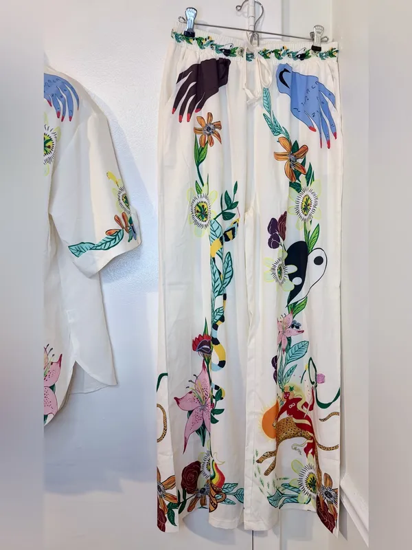 Tropical 2 Piece Set M Shirt Pants Drawstring Wide Leg NWOT - Image 6