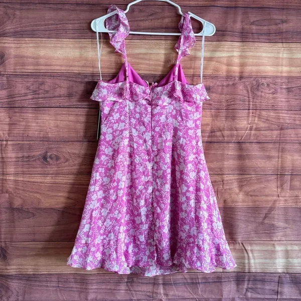 Lulus Pink Floral Ruffle Mini Dress Sleeveless Tie Front Chiffon Size M NEW - Image 5