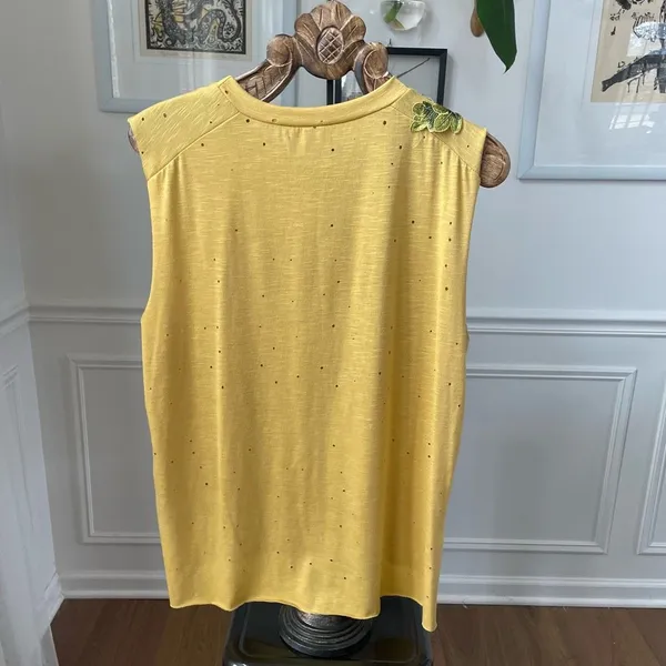 Hummingbird Yellow Distressed Applique Floral Sleeveless Tshirt Oversized S - Image 3