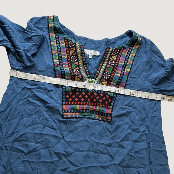 Entro Blue Embroidered Bib Ruffle Hem Mini Dress Boho Long Sleeve D3748 Small - Image 6