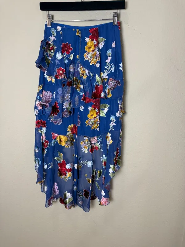 Alice + Olivia Blue Floral Skirt Velvet Burnout Tiered Ruffles Size 0 New NWT - Image 7