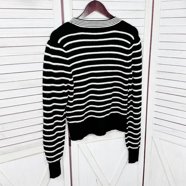 Bagatelle Collection Striped V Neck Cardigan‎ Sweater Black White Small - Image 8