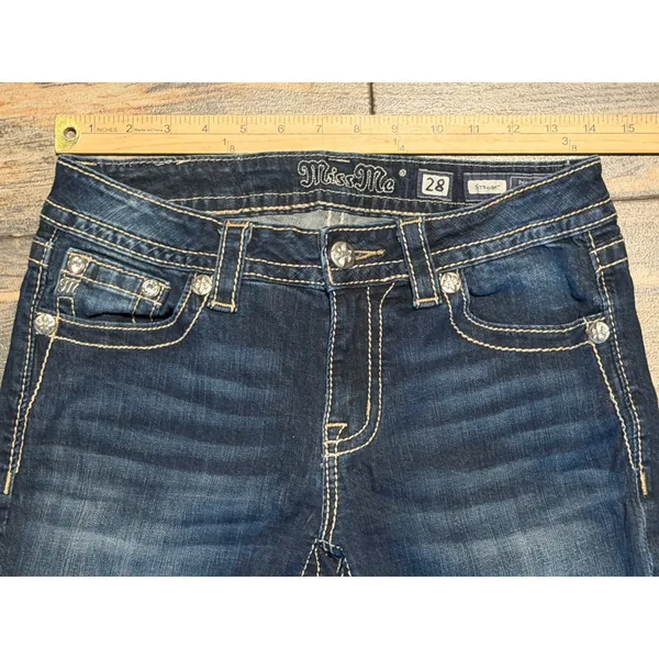 Miss Me Straight Leg Low Rise Dark Wash Embroidered Sequin Jeans 28x33 Y2K BKE - Image 5