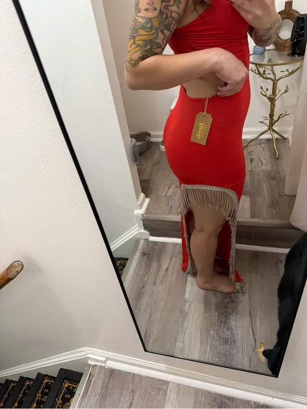 Red Strappy Cutout Evening Dress with Fringe - Image 4