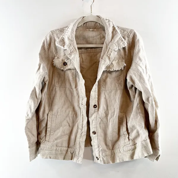 Linda Anderson Long Sleeve Fringe Cotton Jacket Tan Beige Medium - Image 2