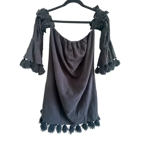 MISA Los Angeles Black Off Shoulder Tassel Mini Dress Boho Festival S - Image 5