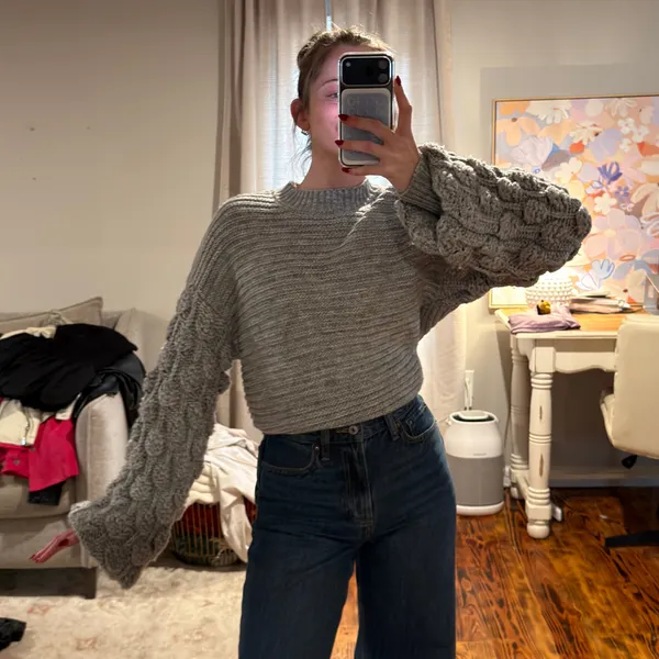 Grey Ballon Sleeve Warm Sweater Gray - Image 4