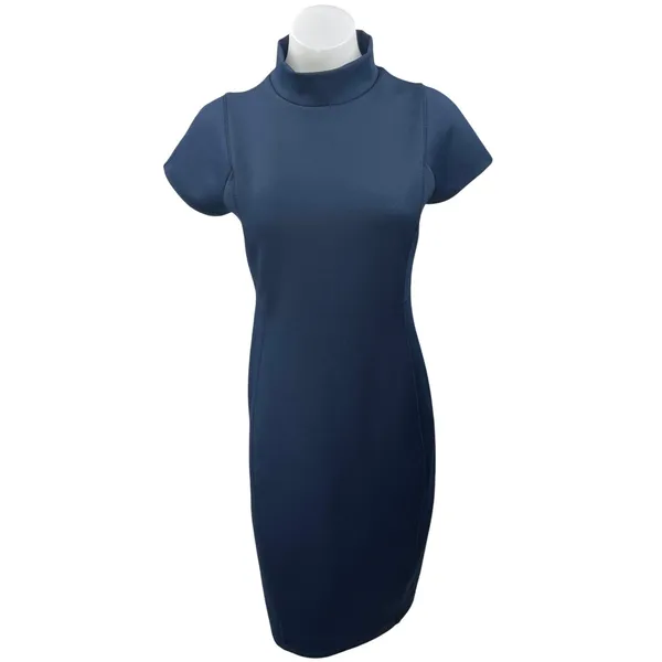 Zara Navy Blue Short Sleeve Mock Neck Zipper Midi Bodycon Sheath Dress Size L - Image 2