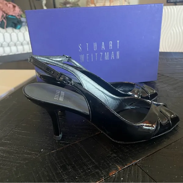 Stuart Weitzman Women's Black Patent Slingback Peekaboo Heels Size 9M EUC - Image 4