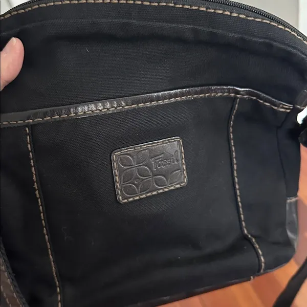 Fossil Black Canvas Leather Purse Bag Silver Hardware Key 10x11 Long Strap Y2K - Image 6