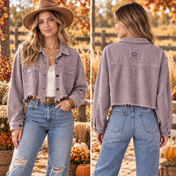 POL Cropped Corduroy Jacket in Taupe - Image 2