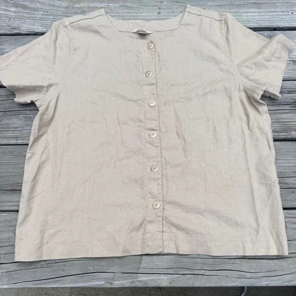 Christopher & Banks Linen Blend Blouse M Taupe Button Front Coastal Minimalist - Image 8